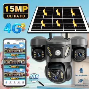V380Pro 태양광 카메라 4G SIM 카드 태양광 패널 내장 배터리 PIR 모션 감지 CCTV가 장착된 야외 트리플 렌즈 15MP IP 카메라