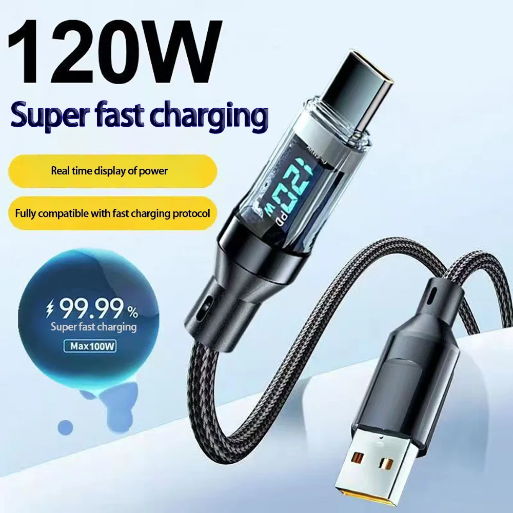 120W USB to Type C 케이블, 휴대폰 초고속 충전 케이블, 100W Type-C to Type-C 데이터 케이블 (화웨이, 오포, 비보용, LED 디스플레이 포함) ﻿