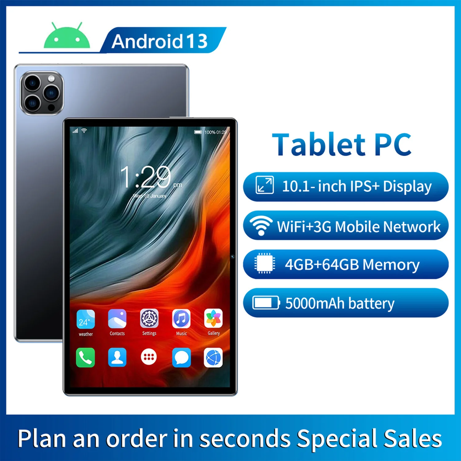 새로운 10.1인치 안드로이드 13 태블릿 PC 구글 플레이 옥타 코어 듀얼 카메라 듀얼 SIM 3G 전화 통화 와이파이 태블릿 4GB 램 64GB 롬