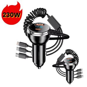 230W 차량용 충전기 고속 충전 USB Type-C PD QC3.0(접이식 케이블 포함) iPhone Samsung Xiaomi용 범용 전화 어댑터