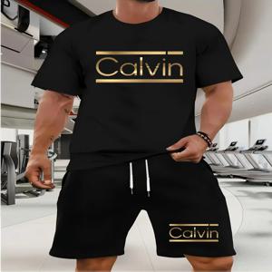 CALVIN 여름 남성 여성 새로운 캐주얼 스포츠 정장 패션 통기성 야외 반팔 티셔츠 + 트레이닝 반바지 투피스 세트