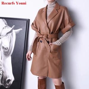여성 정품 가죽 짧은 소매 코트 2025 여성 우아한 프랑스어 정장 칼라 포켓 롱 자켓 Mujer Chic Sweater Manteau