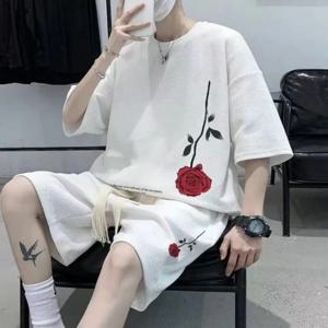 Y2k 한국 패션 스트리트웨어, 힙합 로즈 캐주얼 짧은 세트 티셔츠, 여름 운동복, 남성 하라주쿠 오버사이즈 티