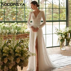 RODDRSYA 보헤미안 웨딩 원피스 여성용 드레스 노비아 쉬폰 긴 소매 레이스 신부 드레스 맞춤형 아플리케 A 라인 보헤미안 스타일의 웨딩드레스 여성 시폰 긴팔 레이스 신부 원피스 스티커 A라인 맞춤