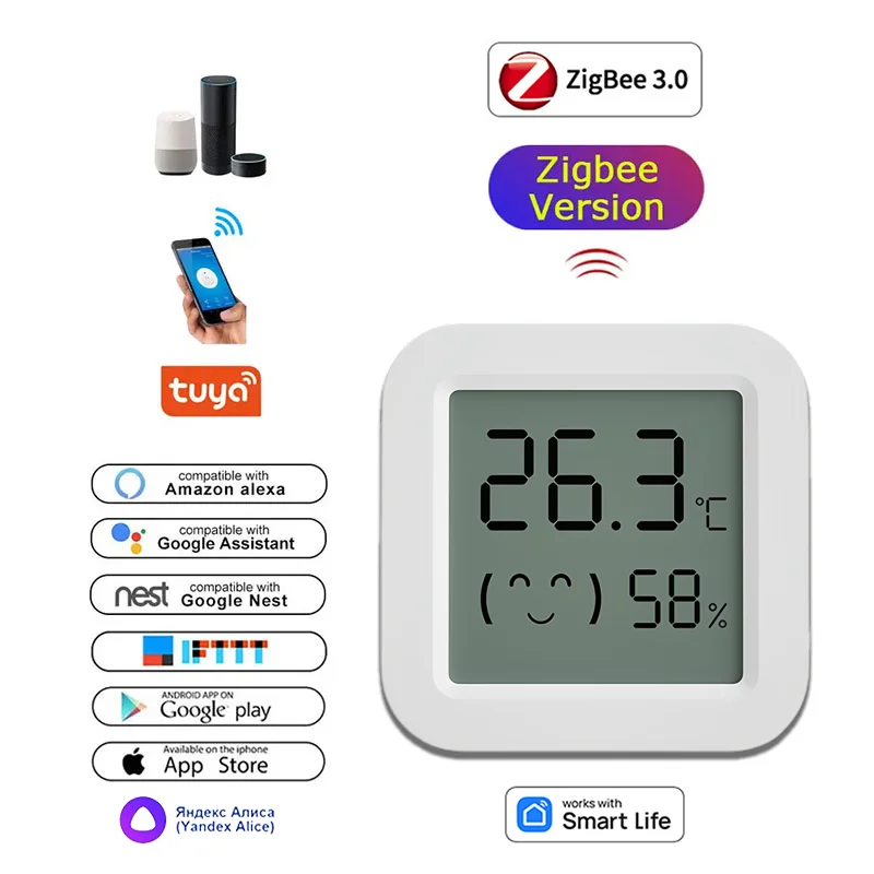 스마트 홈 LCD 화면 용 Tuya Zigbee 온도 습도 센서는 Alexa Google 홈 앱과 함께 작동합니다. Smart Life Tuya Smart Yandex