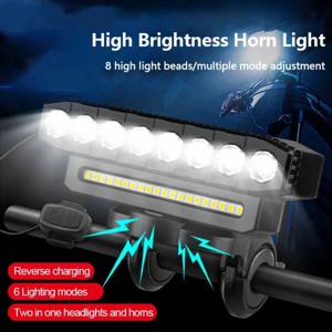 8 LED 자전거 전면 라이트 사이클링 자전거 헤드라이트 120dB 경적 6 조명 모드 MTB 도로 자전거 벨 전면 라이트 설치가 용이함