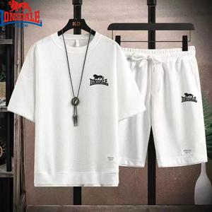 LONSDALE 남성용 자수 와플 세트, 캐주얼 티셔츠 및 반바지 세트, 남성 스포츠 세트 운동복, 루즈 슈트, 사이즈 3XL, 여름