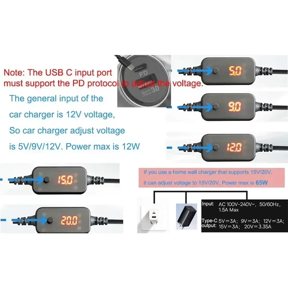 5-20V 가변 전압 PD 고속 충전 케이블, 노트북용 Type-C - DC 5.5x2.1mm 전원 어댑터(Lenovo, Asus, HP, Acer)