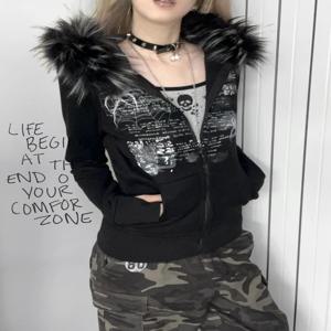Y2k 모피 패치 워크 그런지 후드 여성 streetwear 빈티지 하라주쿠 고딕 프린트 후드 티셔츠 코트 미적 슬림 자켓