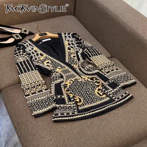 TWOTWINSTYLE 여성용 스플라이스 진주 시크 블레이저, V넥 긴팔, 템퍼러먼트 슬리밍 코트, 여성 패션, VJA787673, 신제품