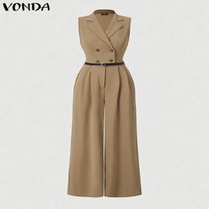 플러스 사이즈 VONDA 우아한 여성 점프수트, 민소매 플레이수트, 단색 롬퍼, 2024 캐주얼 라펠 칼라, 와이드 레그 하의, 5XL