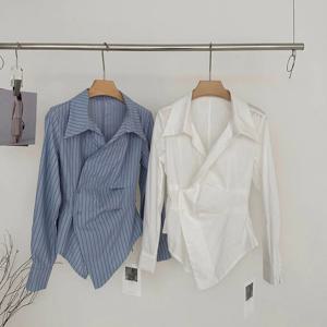 MEXZT 우아한 스트라이프 셔츠 여성 빈티지 불규칙한 흰색 블라우스 숙녀 한국어 긴 소매 세련된 버튼 슬림 디자인 탑 New