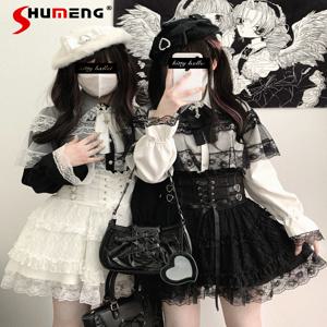 일본 광산 스타일 귀여운 레이스 스플라이싱 레이스 업 하트 PU 버클, 하이웨이스트 슬림 A 라인, 다목적 로리타 숏 스커트
