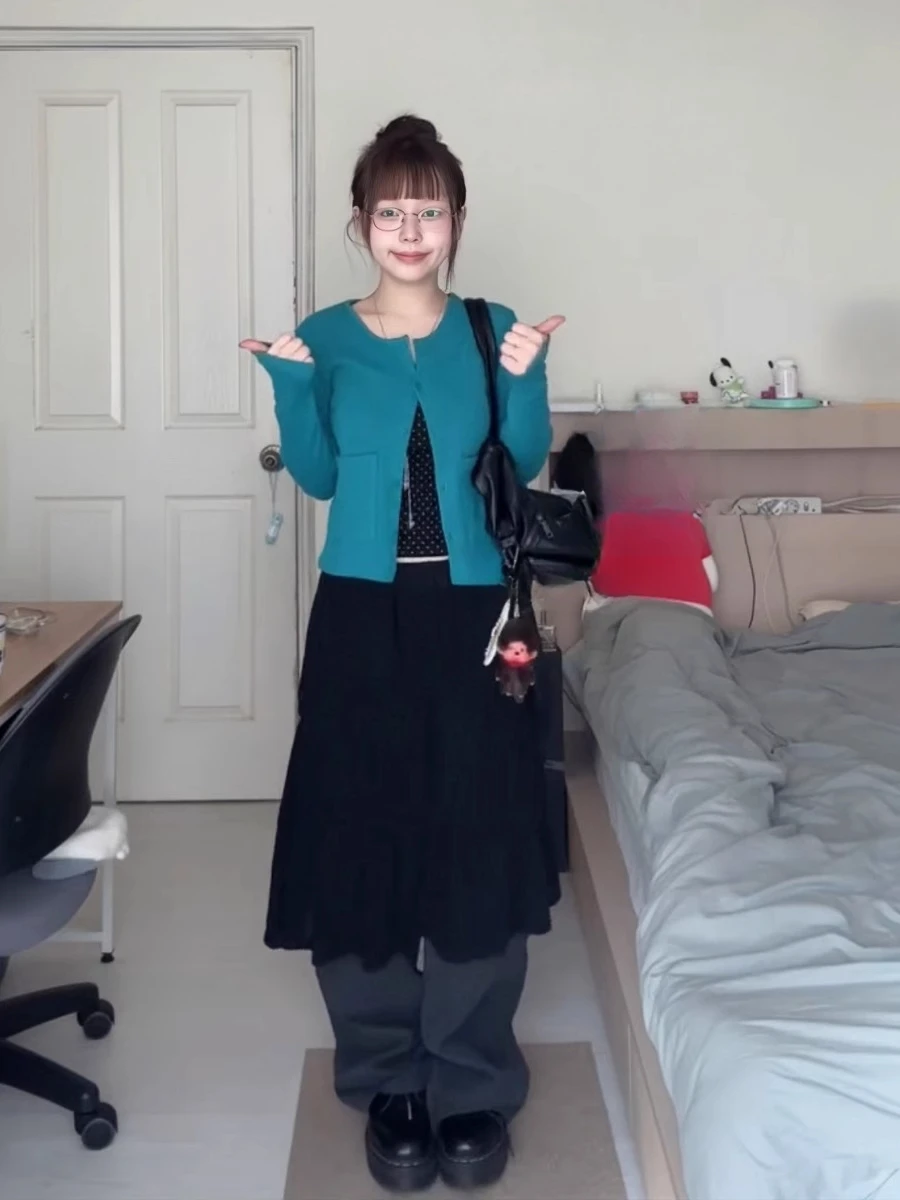 한국어 봄 솔리드 컬러 모든 경기 싱글 브레스트 긴팔 니트 카디건 + 폴카 도트 탱크 탑 하이 스트리트 2 Pcs 세트