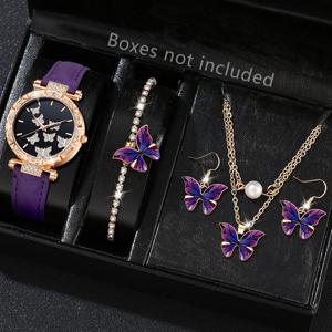 5PCS 보라색 여성 시계 세트 패션 트렌드 나비 요소 다이얼 쿼츠 시계 팔찌 목걸이 귀걸이 세트 휴일 선물