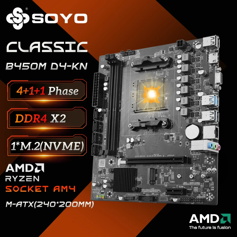 SOYO AMD 클래식 B450M 마더보드, 듀얼 채널 DDR4 메모리 AM4 마더보드, PCI-E 3.0 NVME, Ryzen 5600 5600G CPU 지원, 신제품
