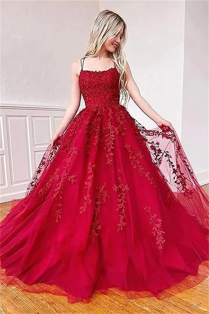사용자 정의 Tulle 레이스 Appliques 댄스 파티 드레스 여성을위한 긴 볼 가운 스파게티 스트랩 코르셋 Backless a 라인 이브닝 드레스