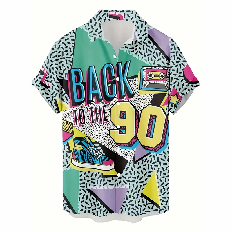 레트로 80s 90s 하와이 셔츠 남성 의류 3D 인쇄 반팔 탑 멋진 야외 옷깃 블라우스 Y2k 여름 버튼 셔츠