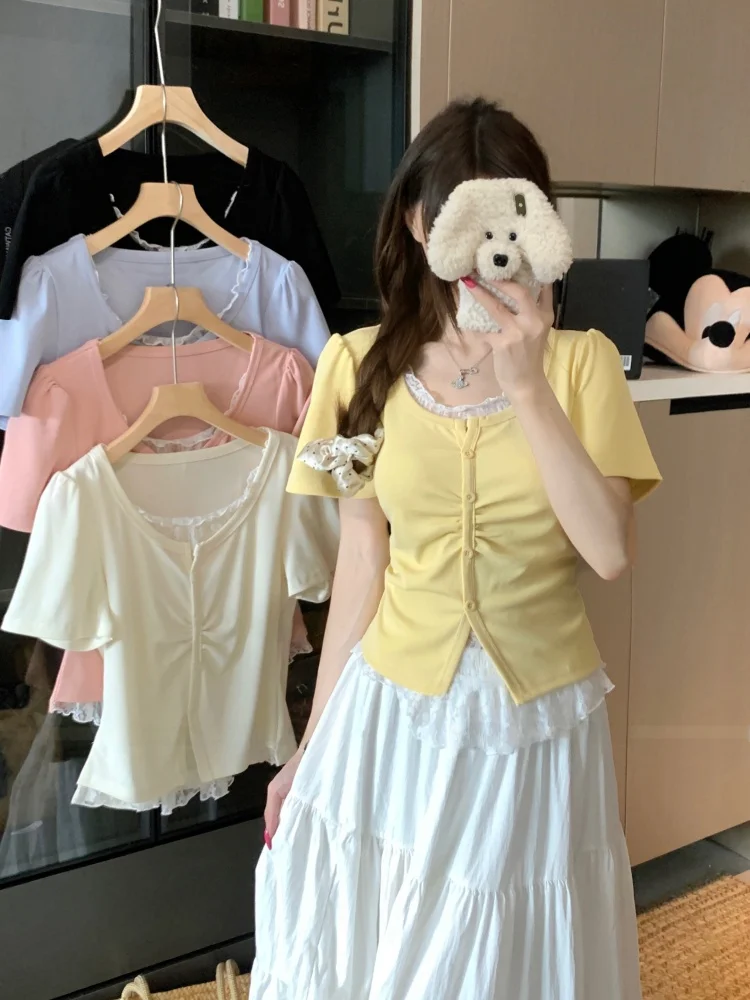 플러스 사이즈 레이스 스플 라이스 반소매 티셔츠 여성 여름 새 스타일 슬리밍 탑 스킨 은폐 한국어 버전 슬림 피트