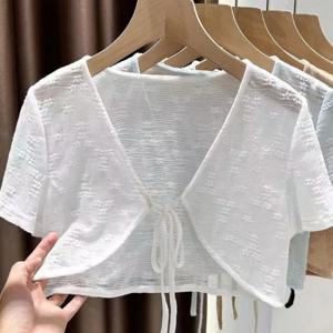 1pcs 여름 넥타이 카디건 여성 섹시한 얇은 짧은 소매 레이스 코트 여성 카디건 캐미솔 롱 스커트 레이디 목도리와 짝