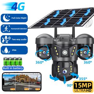 15MP 4G 태양광 카메라 PTZ 야외 CCTV 트리플 렌즈 3화면 PIR 컬러 야간 투시 방수 V380 PRO 카메라