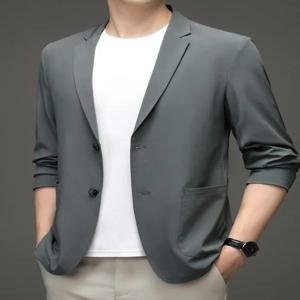 캐주얼 아이스 실크 남성 정장 경량 여름 비즈니스 코트 패션 도시 스타일 긴팔 라운드 헴라인 스탠다드 핏 싱글 버튼
