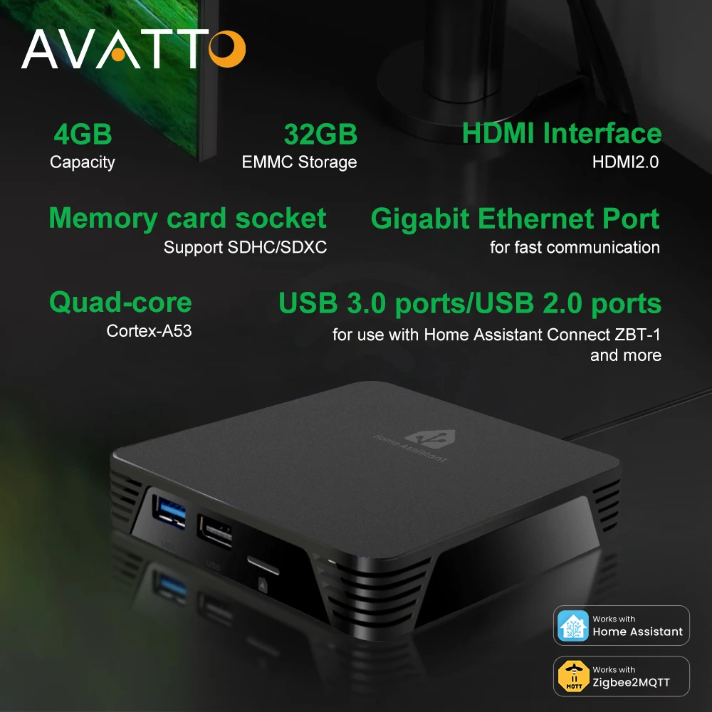 AVATTO 4G Plus 32G USB 3.0/2.0 포트 홈 어시스턴트 스마트 홈 박스 게이트웨이 쿼드 코어 Cortex-A53 지원 ZigBee2MQTT, ZHA, HomeKi