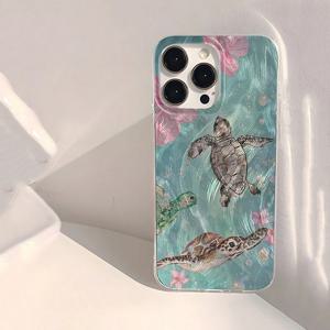 바다거북 해변 패턴 아이폰 16 15 14 13 12 11 Pro Max XS X XR 7 8 Plus 16e 충격 방지 레이저 범퍼 백 커버