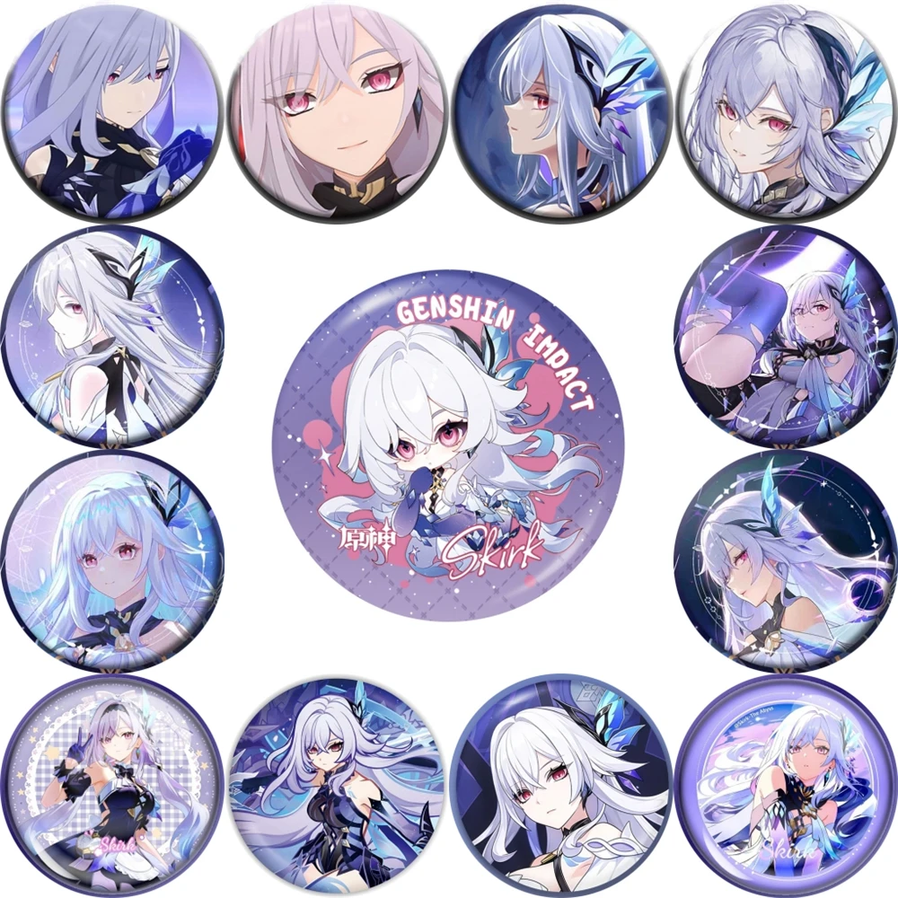 58mm 게임 Genshin Impact Kawaii Skirk 코스프레 의상 배지 핀 SPTE Tinplate 브로치 소품 크리스마스 선물
