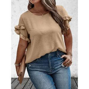 여성 4XL 5XL 플러스 사이즈 러플 트림 티셔츠 여성 단색 슬림핏 캐주얼 탑 봄 여름 여성 반팔 의류