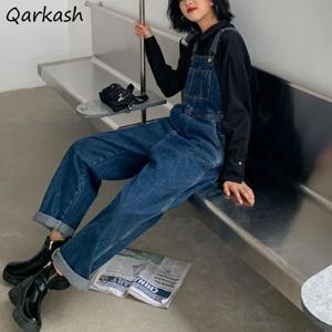 점프 슈트 여성 진한 파란색 빈티지 streetwear 하라주쿠 캐주얼 패션 하이 웨이스트 루즈 오버올 울장 데님 멜빵 바지