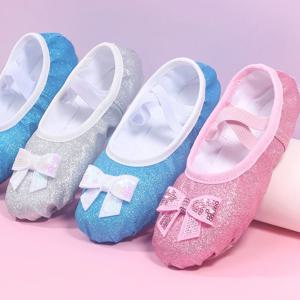 여자를위한 반짝 이는 핑크 블루 Bowknot 발레 신발 소녀를위한 키즈 신발 Geritide 댄스 소녀를위한 스팽글과 플랫 댄스 구두