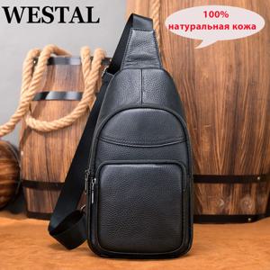 WESTAL 소 가죽 정품 가죽 슬링 가방 남성 가슴 가방 캐주얼 여행 가슴 팩 블랙 남성용 어깨 가방 디자이너