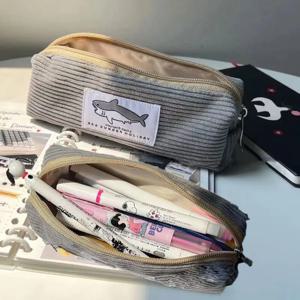 귀여운 상어 필통 남녀공용 한국 스타일, 더러운 코듀로이, 내성 보관 가방, 여학생 용품, 문구