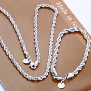 매력 925 스털링 실버 액세서리 남자 4MM 40-60cm 2PCS 로프 체인 목걸이 팔찌 여성 패션 결혼 선물 쥬얼리
