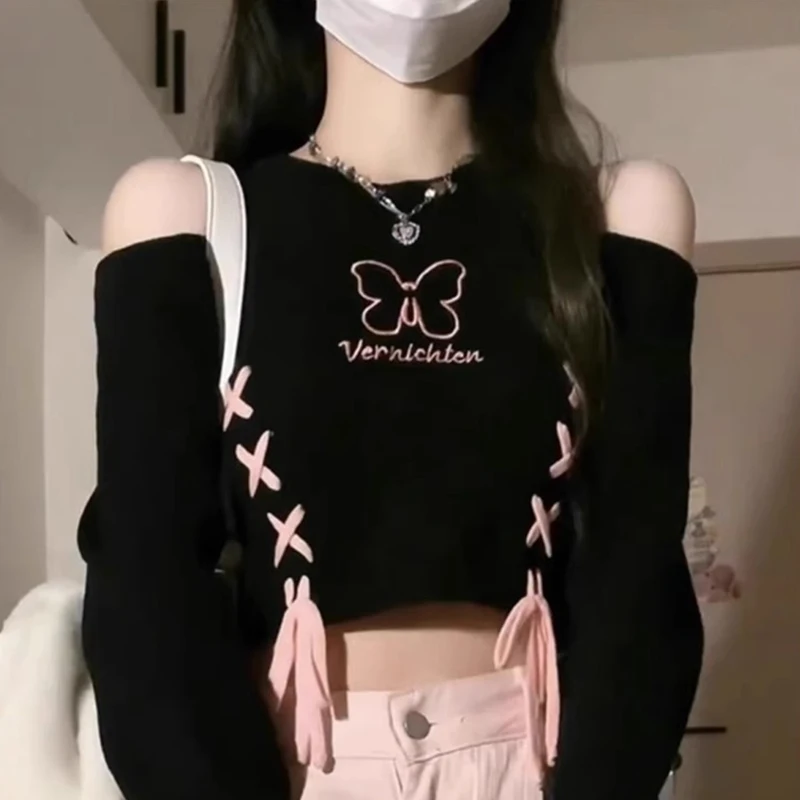 매운 소녀 섹시한 복고풍 나비 자수 오프 어깨 여성 자른 스웨터