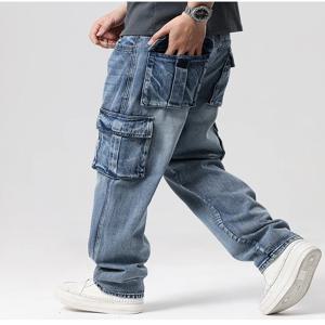 대형 46 루즈 청바지 남성 데님 바지 스트레이트 포켓 헐렁한 캐주얼 streetwear 힙합 브랜드 블루 와이드 레그 카고 바지