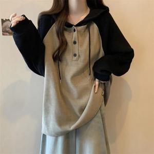 여성 의류 패션 캐주얼 긴 소매 후드 봄 가을 느슨한 게으른 스타일 탑 티 Office 레이디 버튼 패치 워크 풀오버