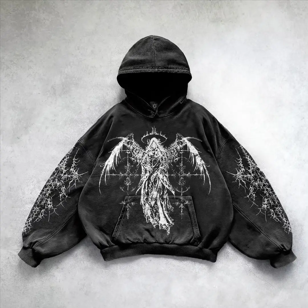하라주쿠 까마귀 해골 y2k 탑 오버 사이즈 스웨트 여신 프린트 후드 여성 고스 새로운 커플 고스 streetwear 고딕 옷