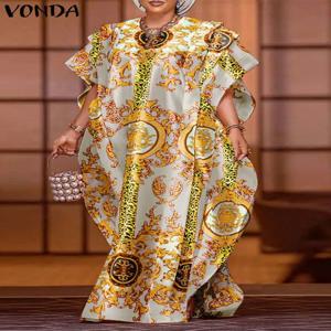 VONDA 플러스 사이즈 5XL 패션 맥시 롱 드레스 2024 우아한 새틴 드레스 섹시한 프린트 패치 워크 박쥐 날개 슬리브 Vestidos Ruffle Robe