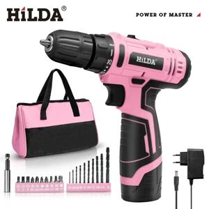 HILDA 12V 전기 스크루 드라이버 25+1 토크 무선 드릴 미니 무선 전동 공구 리튬 이온 배터리 핑크 드릴
