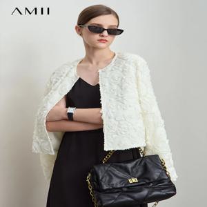 AMII 미니멀리즘 숏 재킷 여성용, 우아한 로맨틱 입체 꽃, O-넥 후크, 단추 아우터 코트, 2025 용수철, 신상 12521066