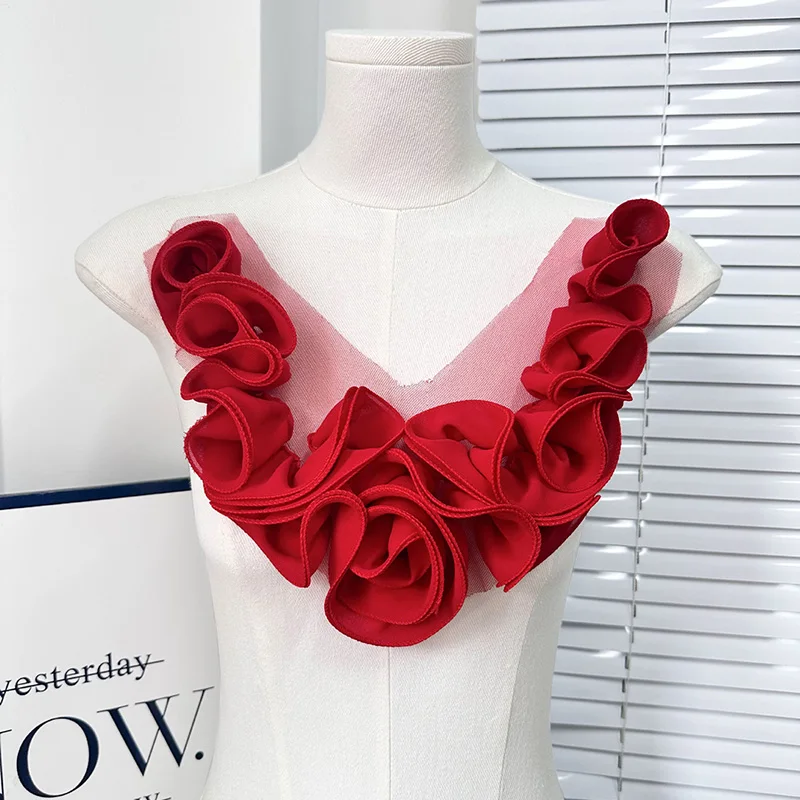 수제 3D 주름 꽃 원단 패치, DIY 이브닝 원피스 의류 칼라 패치, 패션 의류 아플리케, 바느질 액세서리