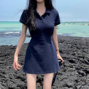 시크한 여름 폴로 칼라 A라인 숏 스커트 여성 드레스 슬림핏 허리 조절 미디 기장 한국 스타일 출근룩 원피스