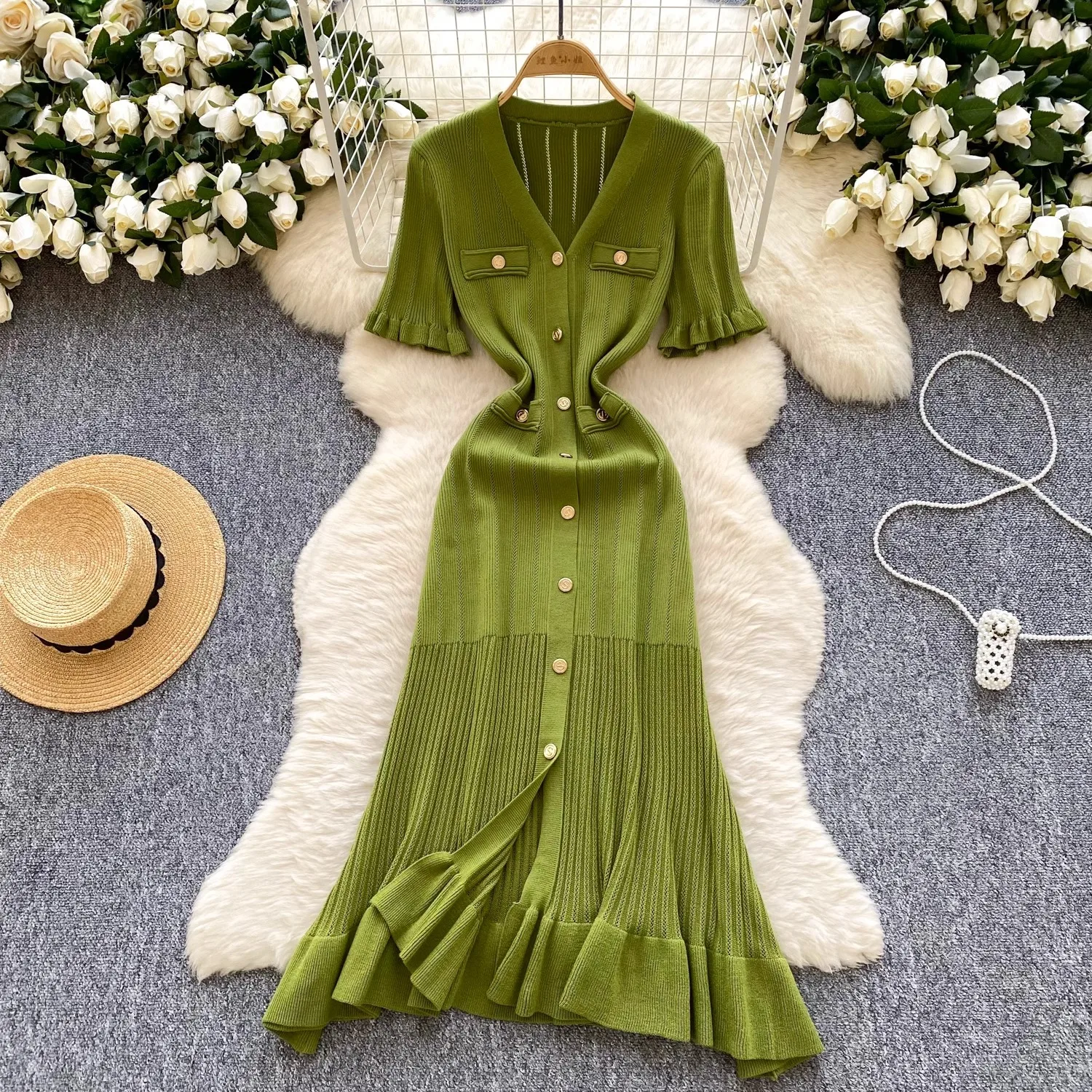 YuooMuoo 브랜드 패션 빈티지 니트 롱 드레스 봄 여름 여성 우아한 v 넥 프릴 Bodycon 스웨터 드레스 파티 Vestido