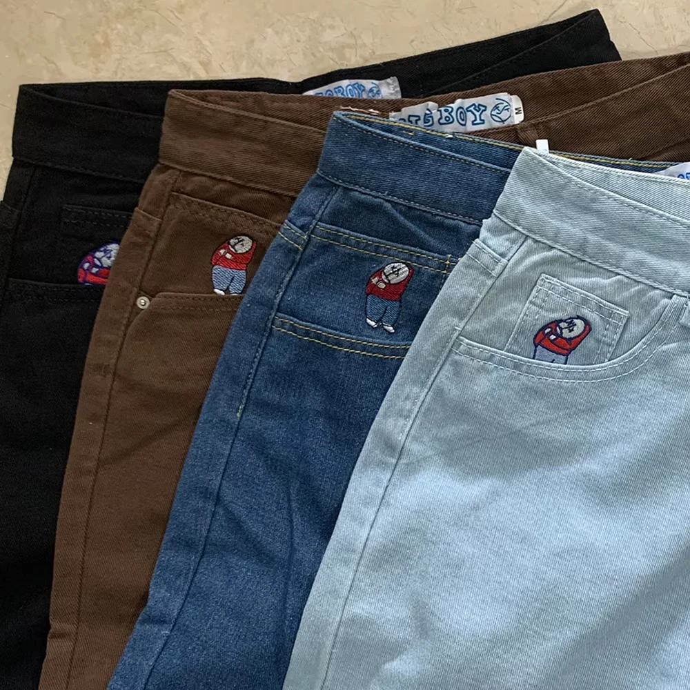 자수 청바지 Y2K 바지 streetwear 고딕 만화 블루 헐렁한 청바지 레트로 펑크 록 하이 웨스트 데님 바지