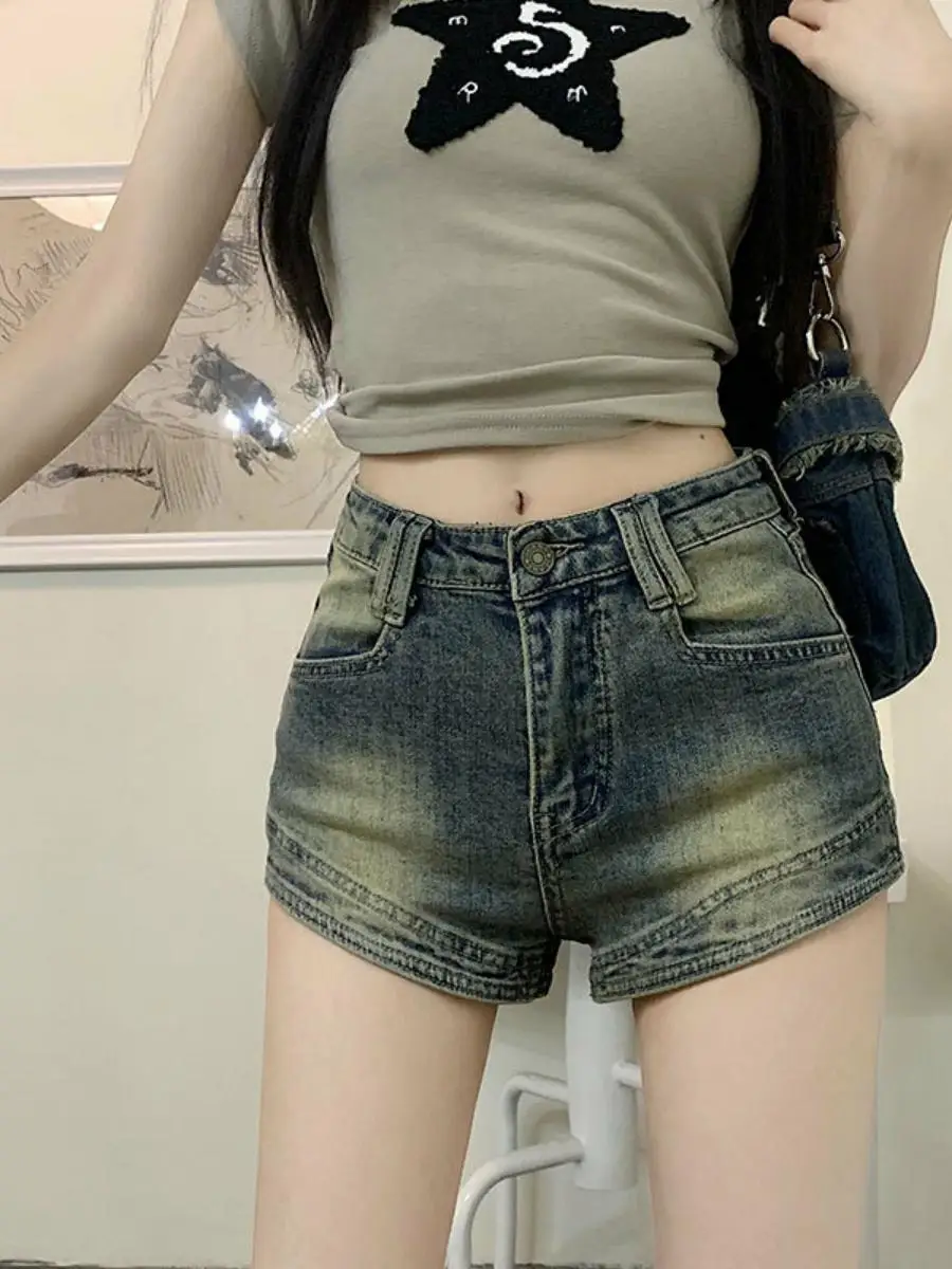 높은 허리 슬림 맞는 데님 반바지 여성 여름 야외 착용 빈티지 속옷 꽉 스트레이트 튜브 엉덩이 포옹 핫 바지