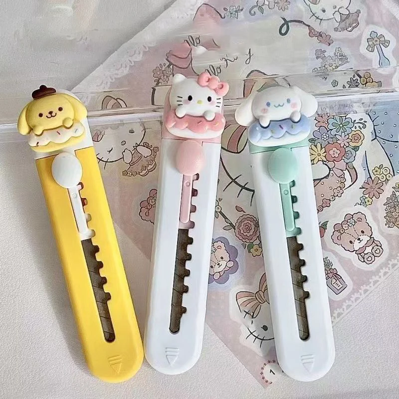 3pcs Kawaii 만화 헬로 키티 Cinnamoroll 아트 나이프 귀여운 Purin 휴대용 익스프레스 Unboxing 유물 종이 절단 미술 도구 선물