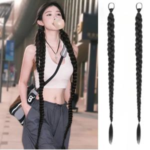 1/2PCS 고무 밴드가있는 합성 롱 트위스트 브레이드 헤어 익스텐션 여성 복싱 땋은 가발 인공 포니 테일 여성용 매일