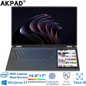 AKPAD 15.6인치+7인치 듀얼 스크린 노트북 컴퓨터, 인텔 12세대 N95 32GB/16GB DDR4 RAM, RGB 백라이트 키보드 7인치 터치 스크린 노트북 PC